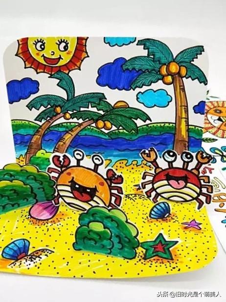 海边沙滩风景儿童画简单（儿童画分享美丽的沙滩）(8)